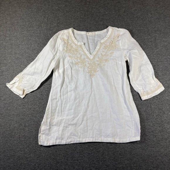 Charter Club 100% Linen Tunic Top Womens Medium White Embroidered V Neck Boho - Picture 1 of 8